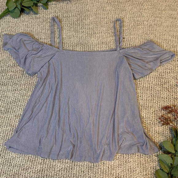 American Eagle Blue Striped Cold Shoulder Top - Picture 2 of 10